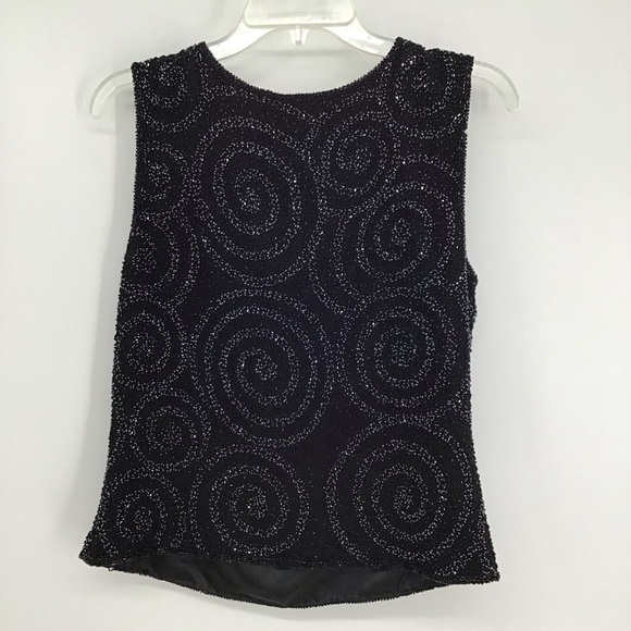 Scala Vintage Silk Beaded Sleeveless Shell Top Black Party Evening Size L - Picture 2 of 8